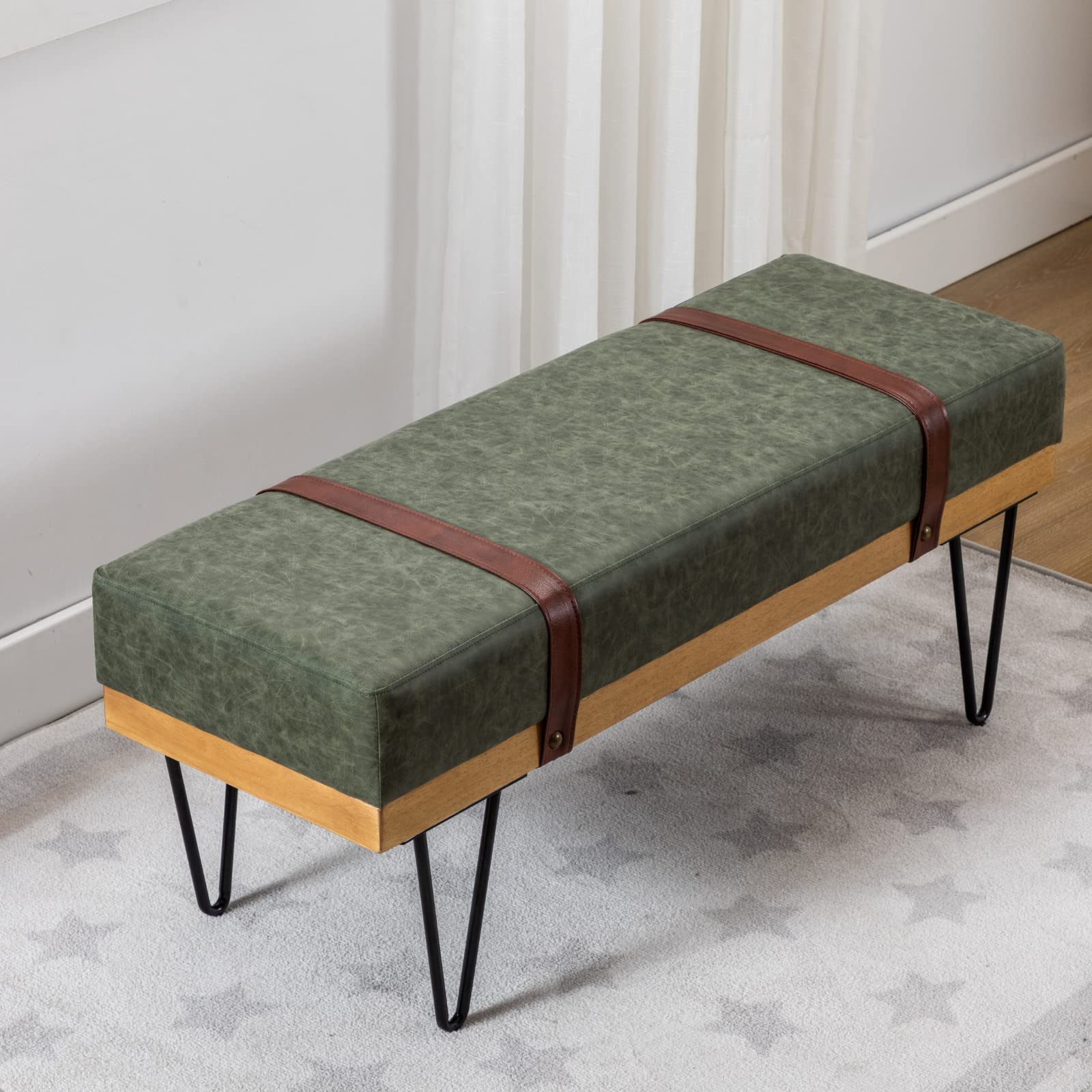 HEAH-YO Industrial Entryway Bench Set of 1, 44 Inches End of Bench with Padded Seat Cushion, Uphlstered PU Leather Dining Bench for Kitchen Living