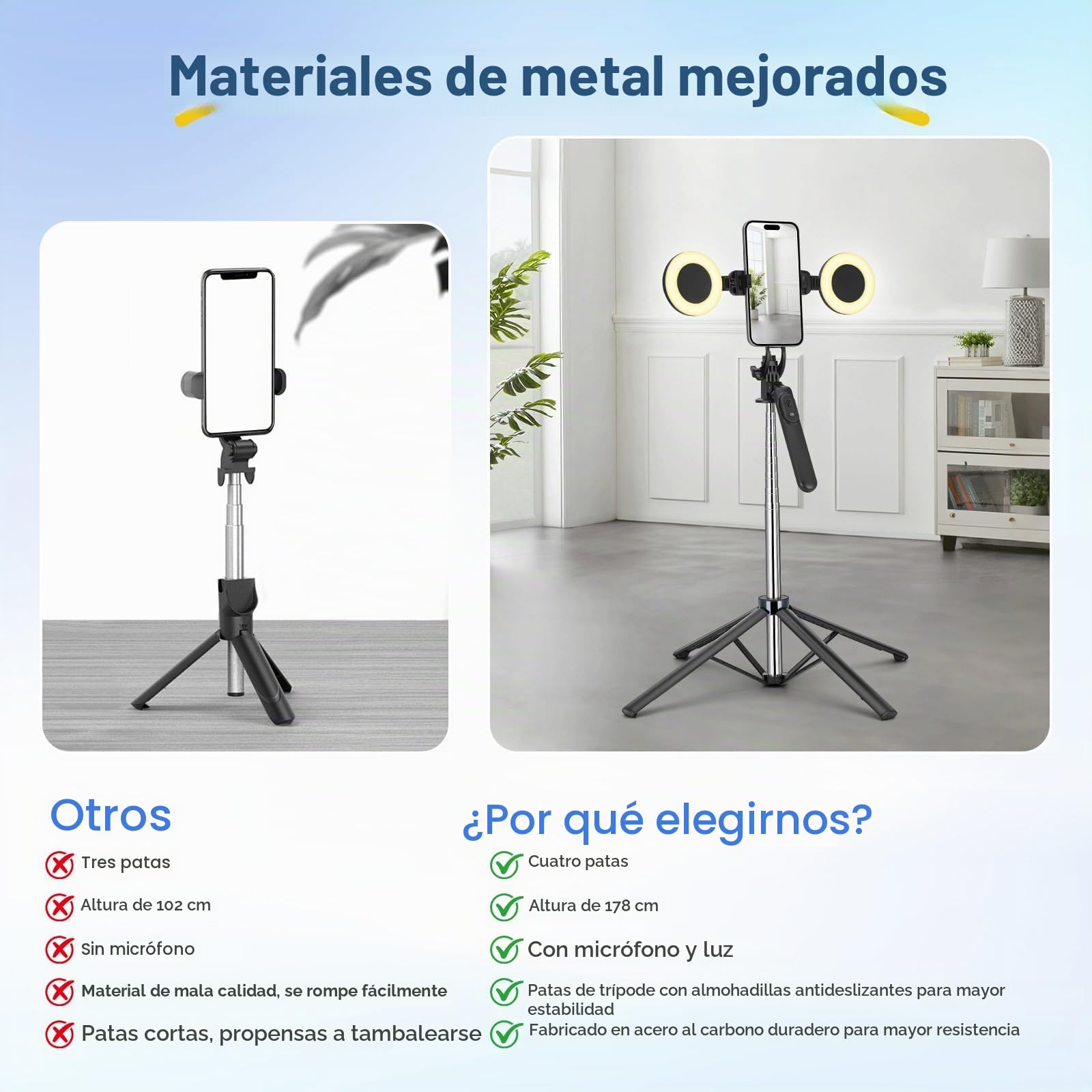Kit de inicio para iPhone/Android, trípode de teléfono móvil de 180 cm con 2 micrófonos llenos e inalámbricos, kit de inicio de palo selfie para Tiktok/YouTube