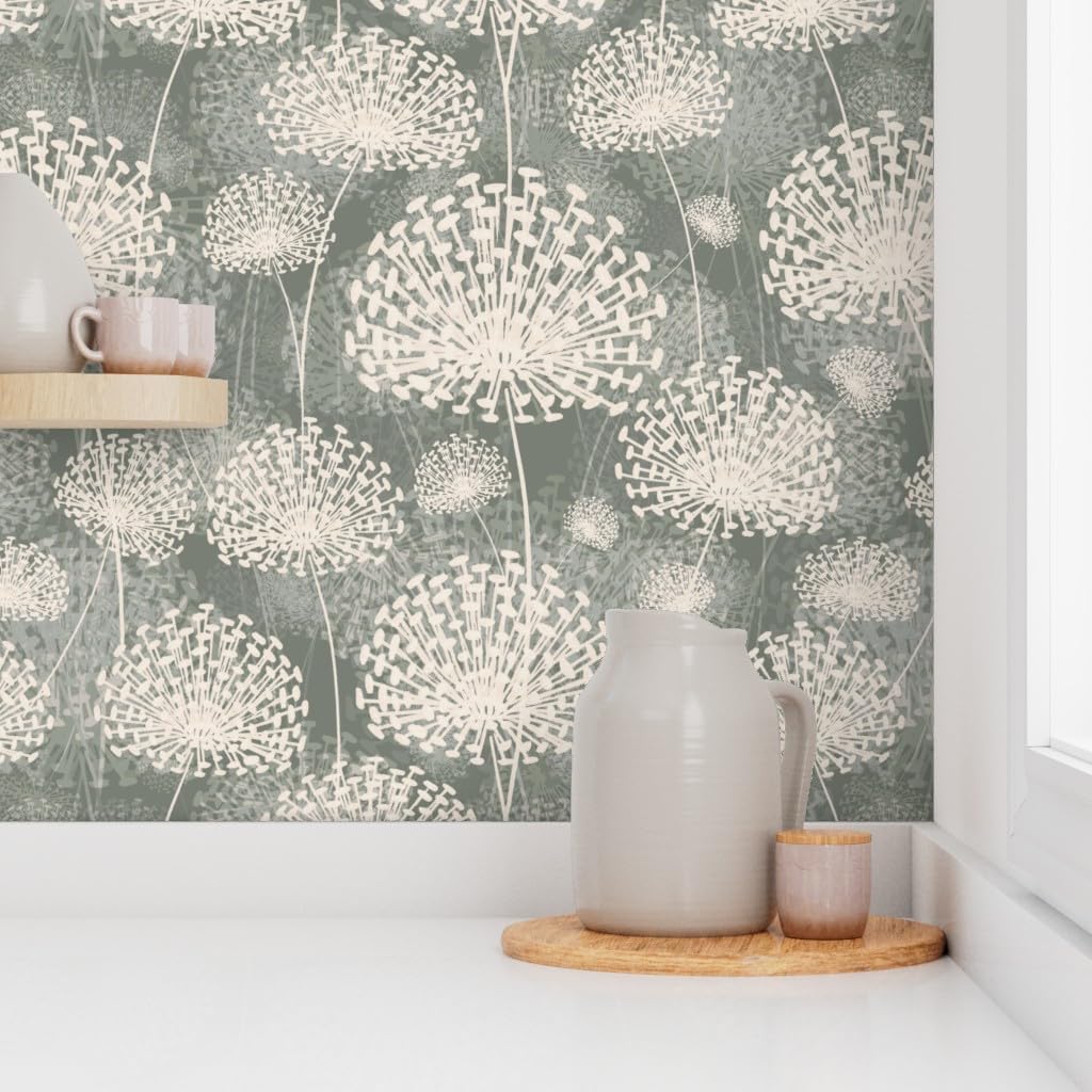 Peel & Stick Wallpaper 3ft x 2ft - Vintage Style Dandelions Gray Cream Neutral Flowers Floral Nature Custom Removable Wallpaper by Spoonflower
