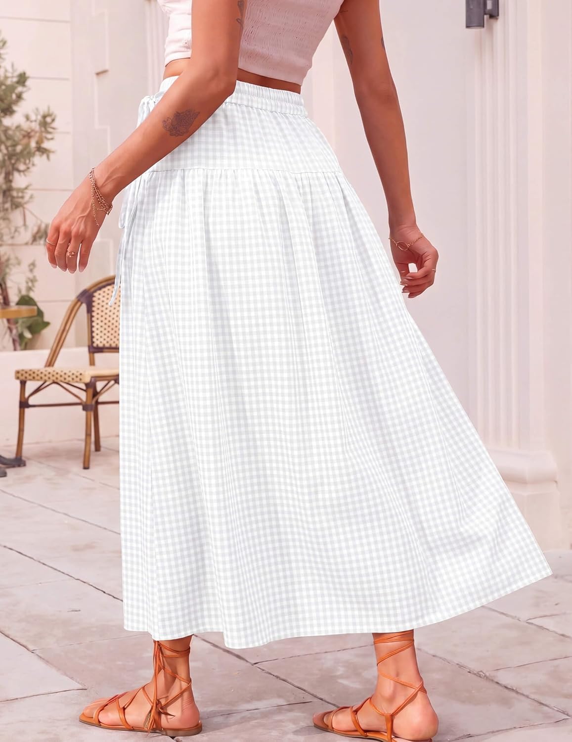 DERAX Gingham Maxi Skirts for Women Drawstring High Waist A-Line Long Plaid Skirt Summer Casual Vacation Long Skirts