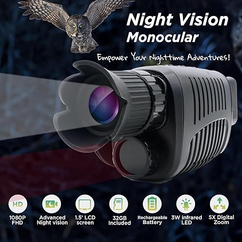 Miniatura 2 de Sheawasy Monocular de visión nocturna, monocular infrarrojo de 1080p para 100% de oscuridad, 32 GB incluidos, viajes, camping, caza, vigilancia