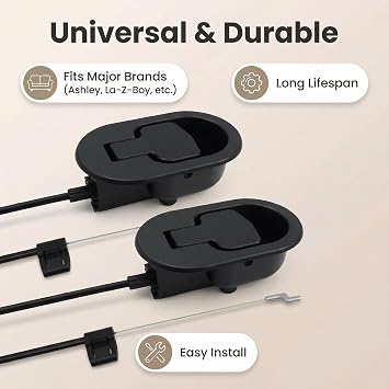 2Pcs Recliner Release Pull Handle with Cable | Replacement pull handle kit for compatible sofa chairs, with 97cm cable and 12cm exposed section.
