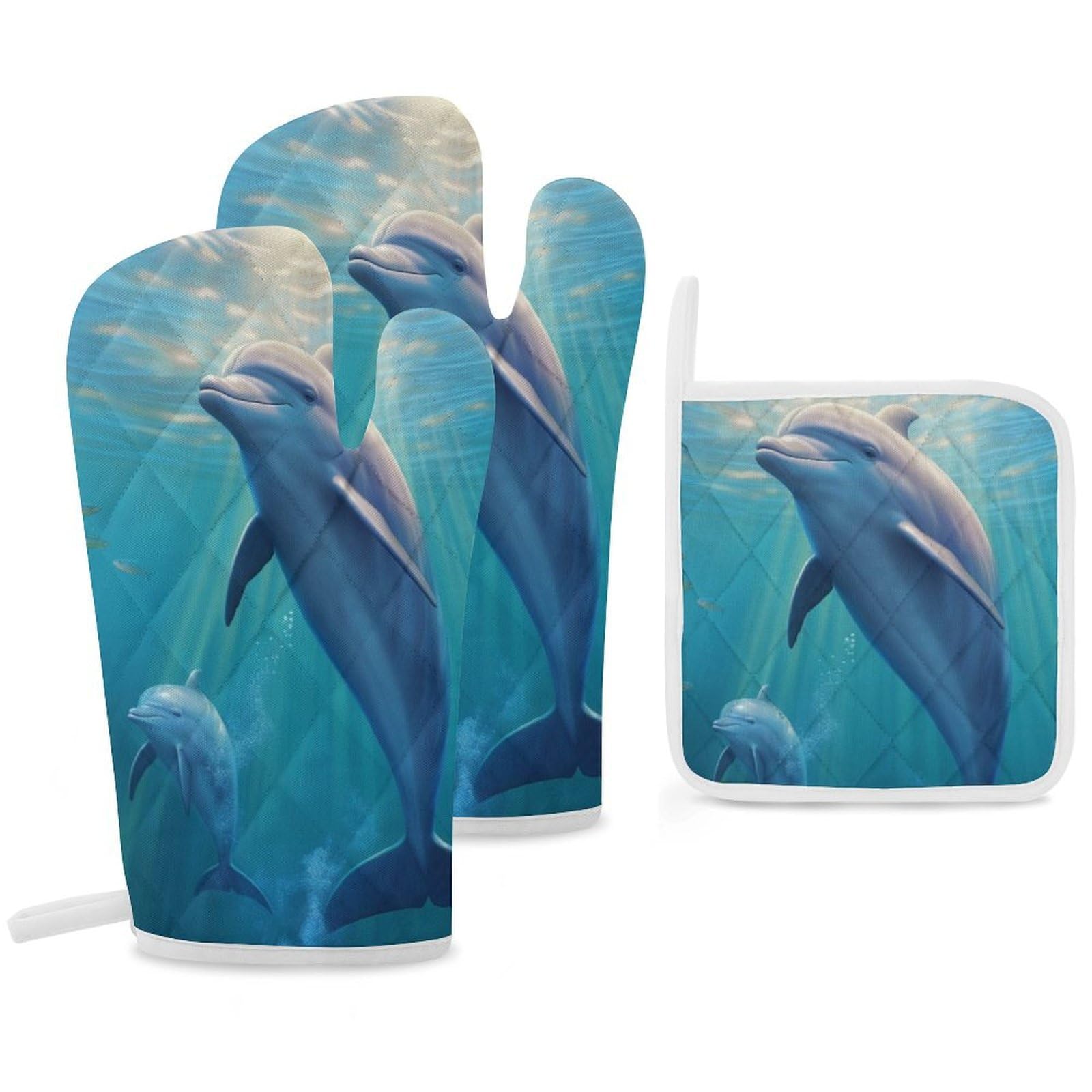 Oven Mitts and Pot Holders Set of 3 Heat Resistant Non-Slip Kitchen Gloves Hot Pads Cute Dolphin Mittens Gloves Non-Slip Potholders for Cooking Baking Grilling BBQ