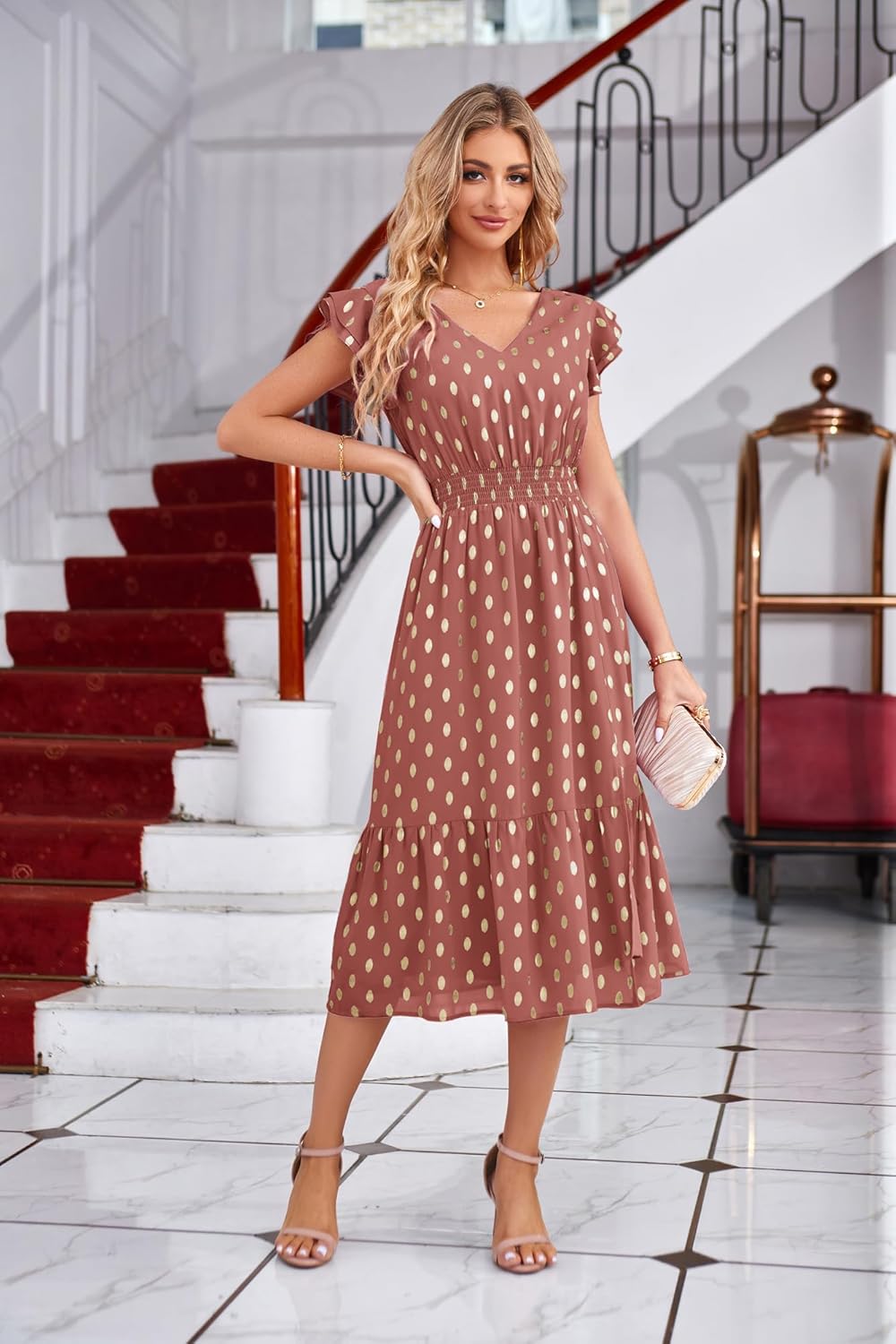 GRACE KARIN Women's Cocktail Dresses 2025 V Neck Ruffle Sleeve Dress, A-Line Midi Swing Wedding Guest Sundresses - Image 3