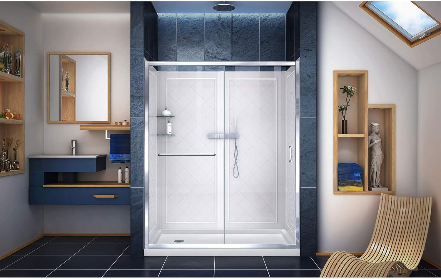 DreamLine Infinity-Z 30 in. D x 60 in. W x 76 3/4 in. H Clear Sliding Shower Door in Chrome, Left Drain Base and Backwalls, DL-6116L-01CL