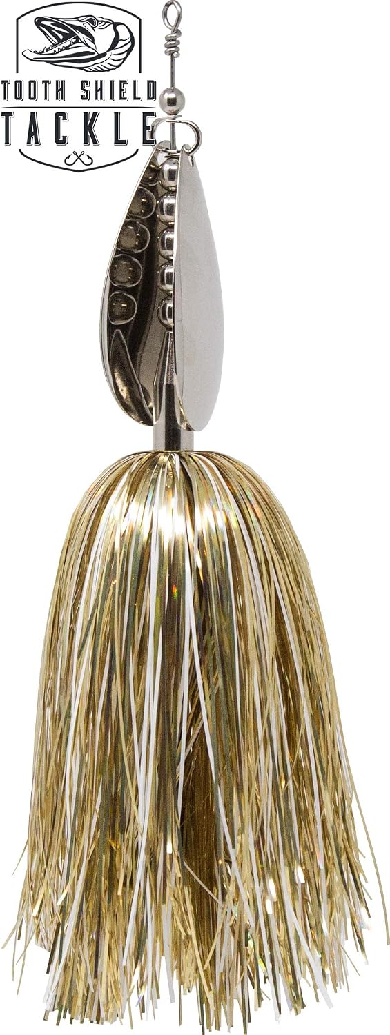 Tooth Shield Tackle Chubby 308 Musky Bucktail (White Gold) Muskie Pike Double 8 Inline Spinner Musky Lures Baits Tackle