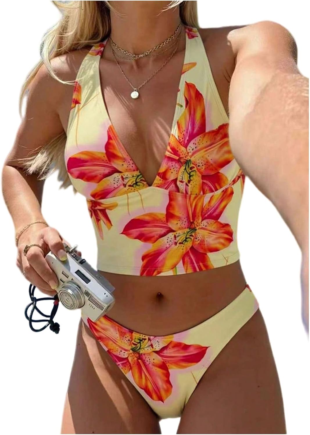 Milumia Women's 2 Piece Tankini Swimsuits Floral Print Halter V Neck Tie Back Bathing Suits
