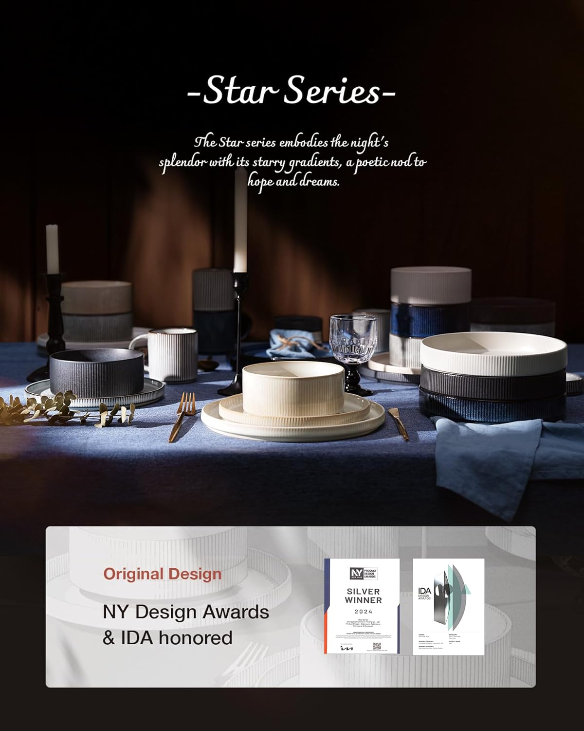 famiware Star 8.25" Pasta Bowls, Large Dinner Bowls Set of 4, Salad Bowl Plates, Shallow Bowls for Eating, Smoky Blue