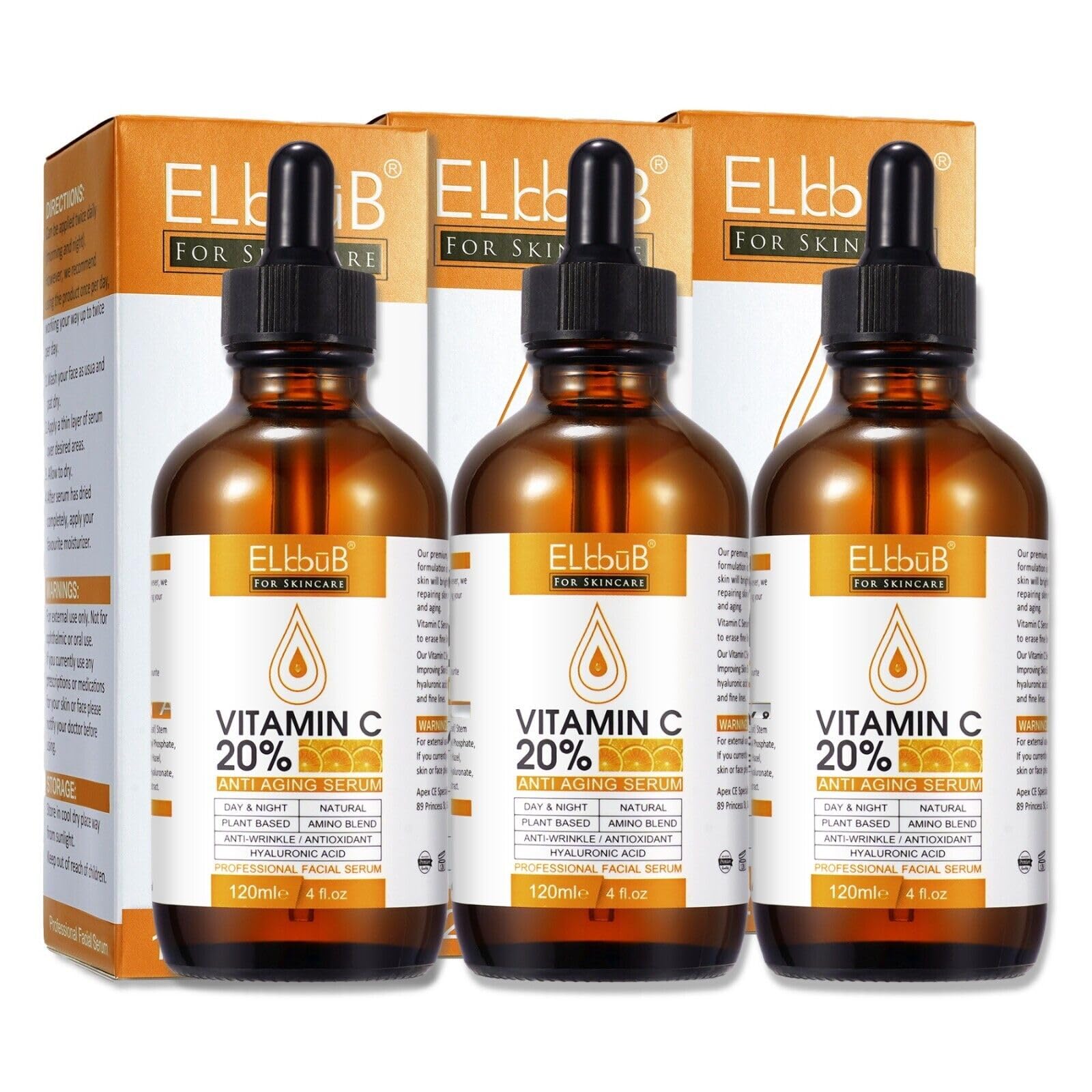 siero viso anti-invecchiamento con vitamina C ed E | acido ialuronico | anti-invecchiamento | combattimento delle rughe, vegano | 3 x 120 ml