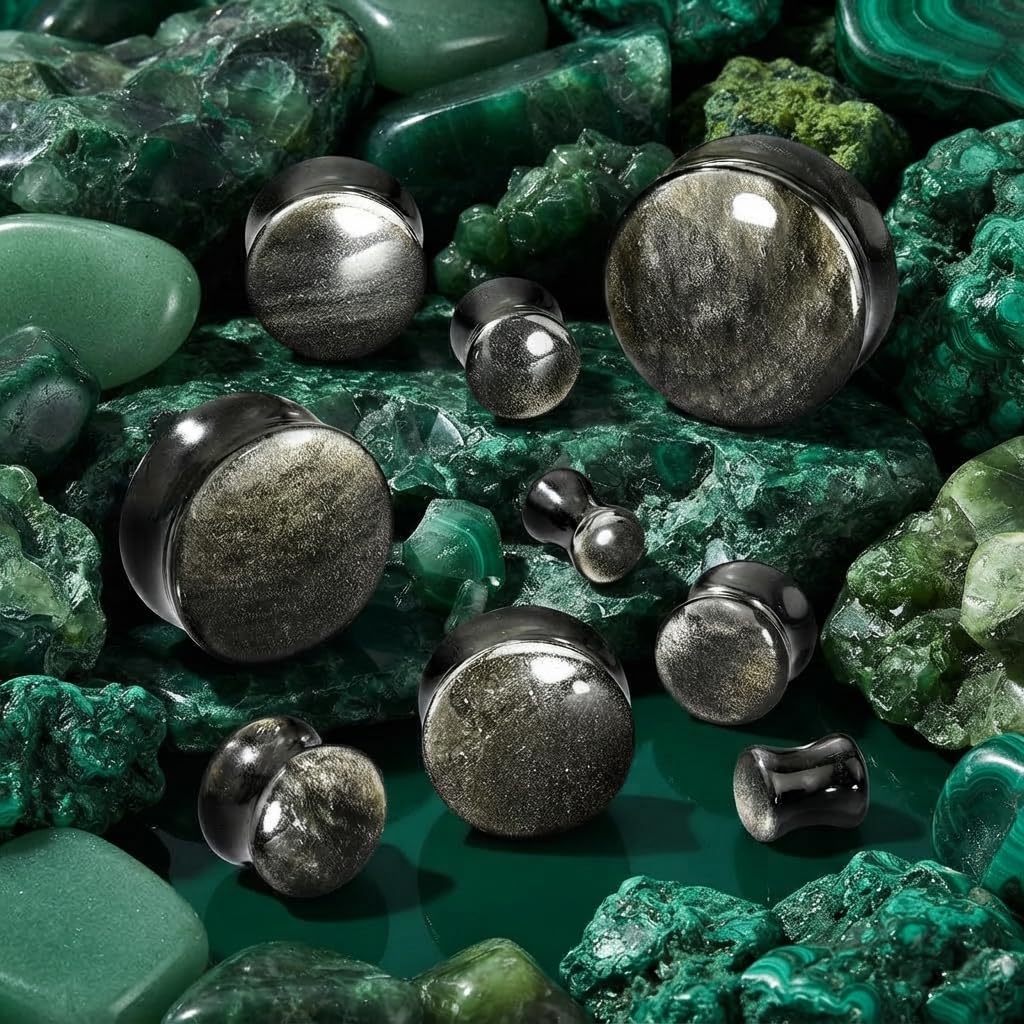 E665 Paire de bouchons d'oreille évasés en obsidienne dorée naturelle pour oreilles étirées