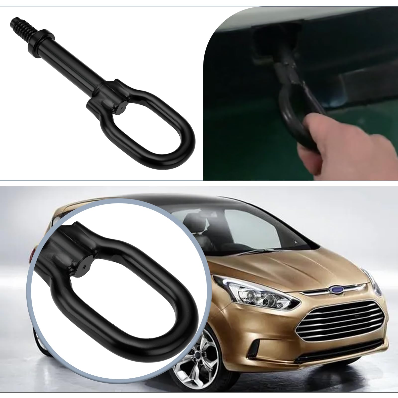 Kit D'anneau de Crochet de Remorquage 1PC 1768868 6M2Z-17A954-A 6M21-17B804-AD Compatible avec Ford B-Max C-Max Fiesta KUGA Transit Noir