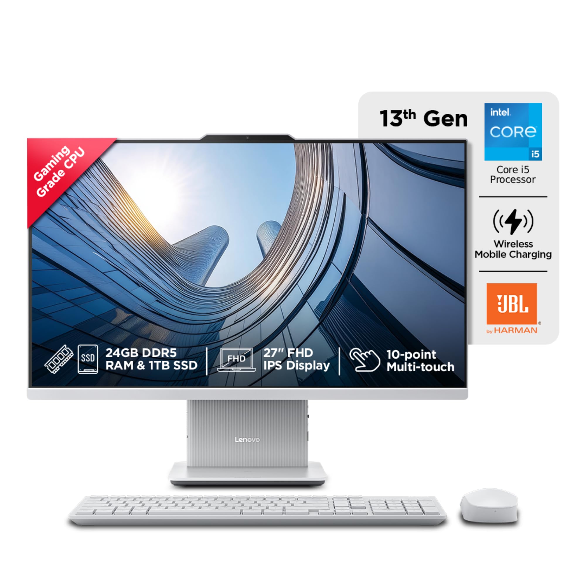 Lenovo IdeaCentre AIO Intel Core i5-13420H 27" FHD Touchscreen (24GB RAM/1TB SSD/Win11/Microsoft 365 + Office 24/3Wx2 Harman/Wireless EOS Keyboard & Mouse,Grey), F0HM00W3IN All-in-One Desktop