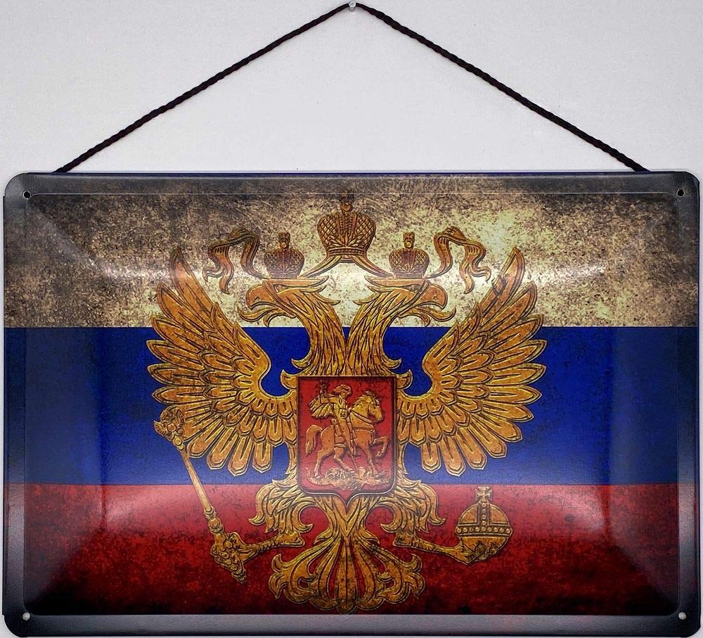 FEMER Targa In Metallo 40x30 Cm – Bandiera Della Russia – Lamiera Robusta Con Bordi Da 5 Mm – Decorazione Murale Per Garage, Hobby, Club