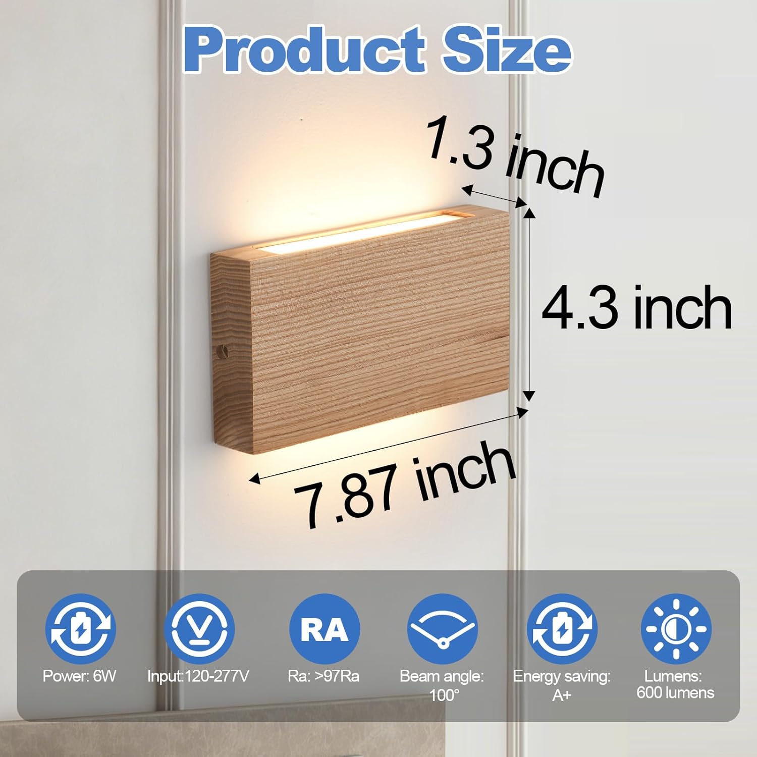 Wood Wall Sconce Indoor Wall Lights Hardwired 1 Pack Up and Down Wall Mount Light for Living Room Bedroom Hallway Corridor Conservatory Cool White 3000K(with led 4000K and 6000k)