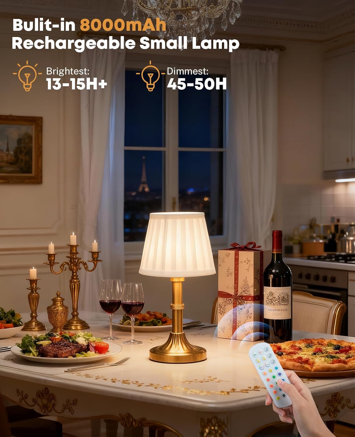 Cordless Table Lamp, 8000mAh Small Table Lamp with Remote Control, Rechargeable Battery Powered Light with Fabric Shade, 3CCT&12RGB Dimmable for Bedside, Living Room, Dining Room, Bar