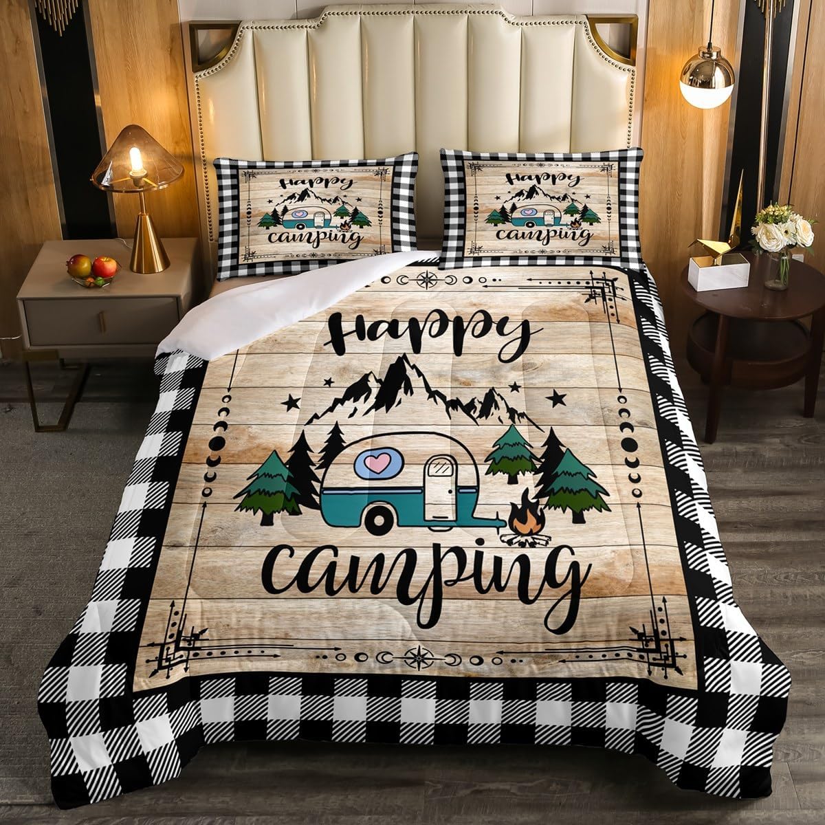 Erosebridal Camp Travel Car Comforter Set Balck and White Buffalo Plaid Queen Bedding Sets for Girls, Camping Decor for Camper Quilt, Vintage Brown Barn Door Plank Cottage Cabin Farmhouse Decor