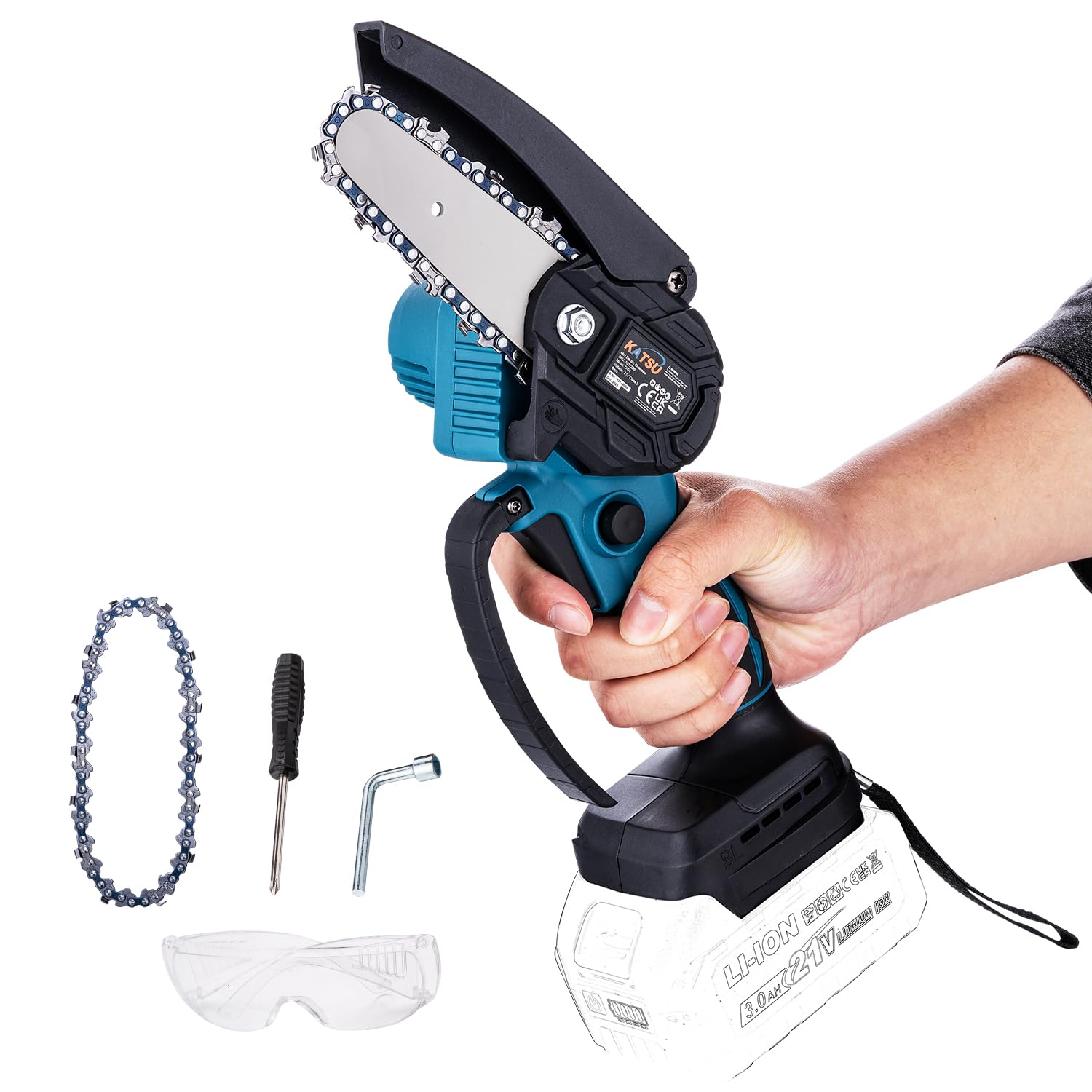 KATSU FIT-BAT mini pilarka akumulatorowa bezszczotkowa 21 V, 10 cm, z dodatkowym łańcuchem i ręczną pompką oleju, do cięcia gałęzi drzew i drewna, akumulator nie wchodzi w zakres dostawy