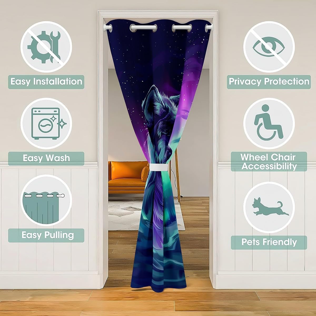jejeloiu Kids Wolf Doorway Curtain Privacy 1 Panel, 52"x80" Boys Girls Howling Wolf 30%-50% Room Darkening Blackout Curtain Safari Animal Pattern Door Cover Curtain Cool Wildlife Style Door Curtain