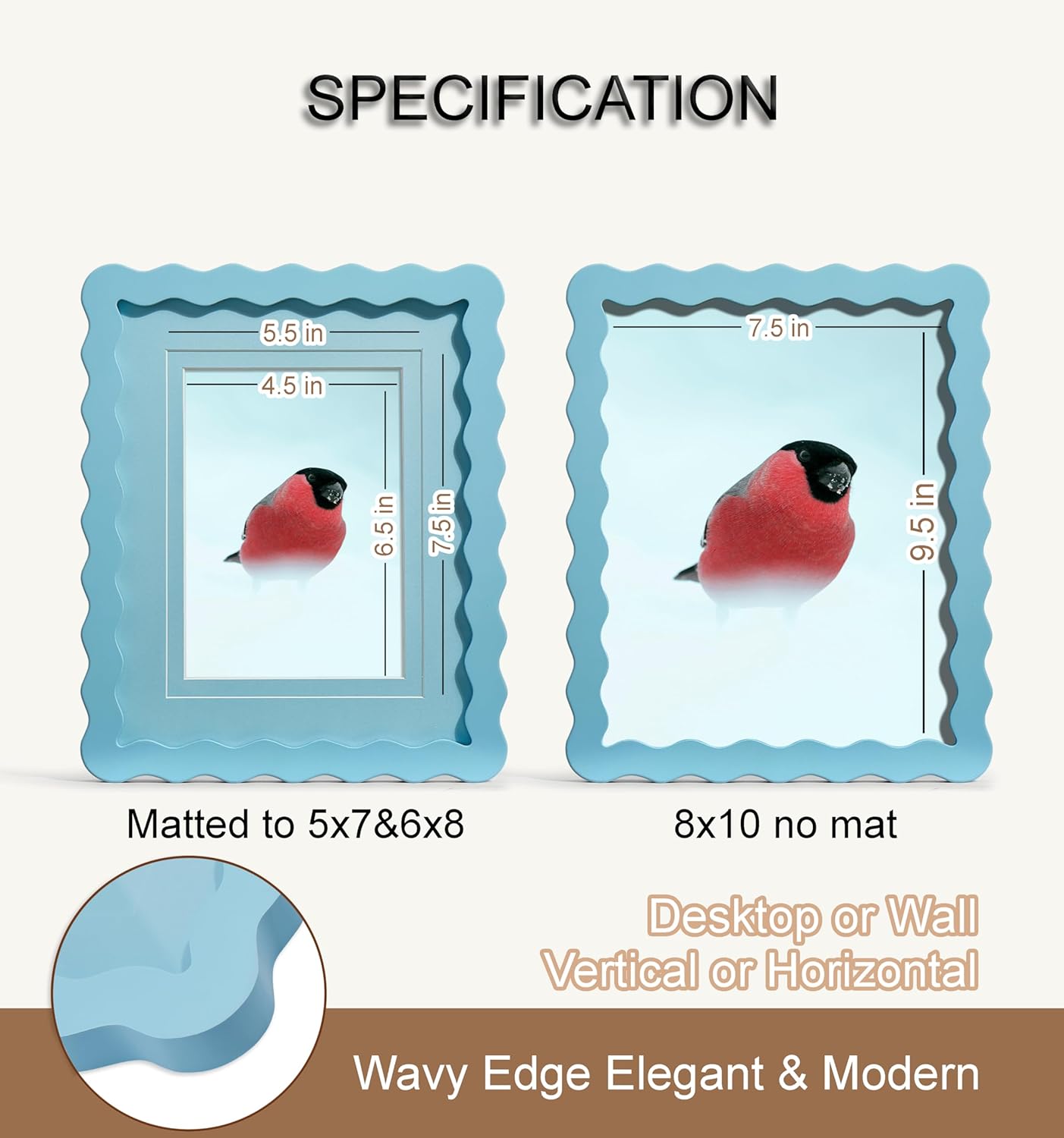 Scalloped 8x10 Picture Frame, Real Glass Wood Frame with Reversible Mat for 5x7/6x8 Prints, Wavy Edge for Wall or Tabletop, Decorative Photo Frame, Blue