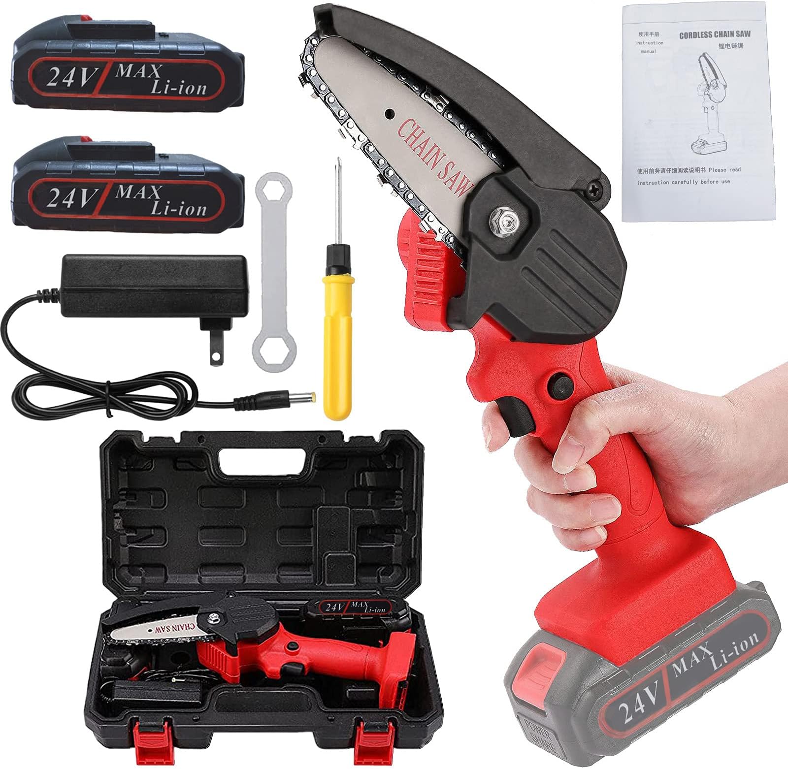 Mini Chainsaw Cordless, FENOMO Portable 4 Inch One-Handheld Electric Chainsaw with 2Pcs Rechargeable Battery Powered Chain Saw Kit for Tree Pruning Trimming and Wood Cutting(Red)