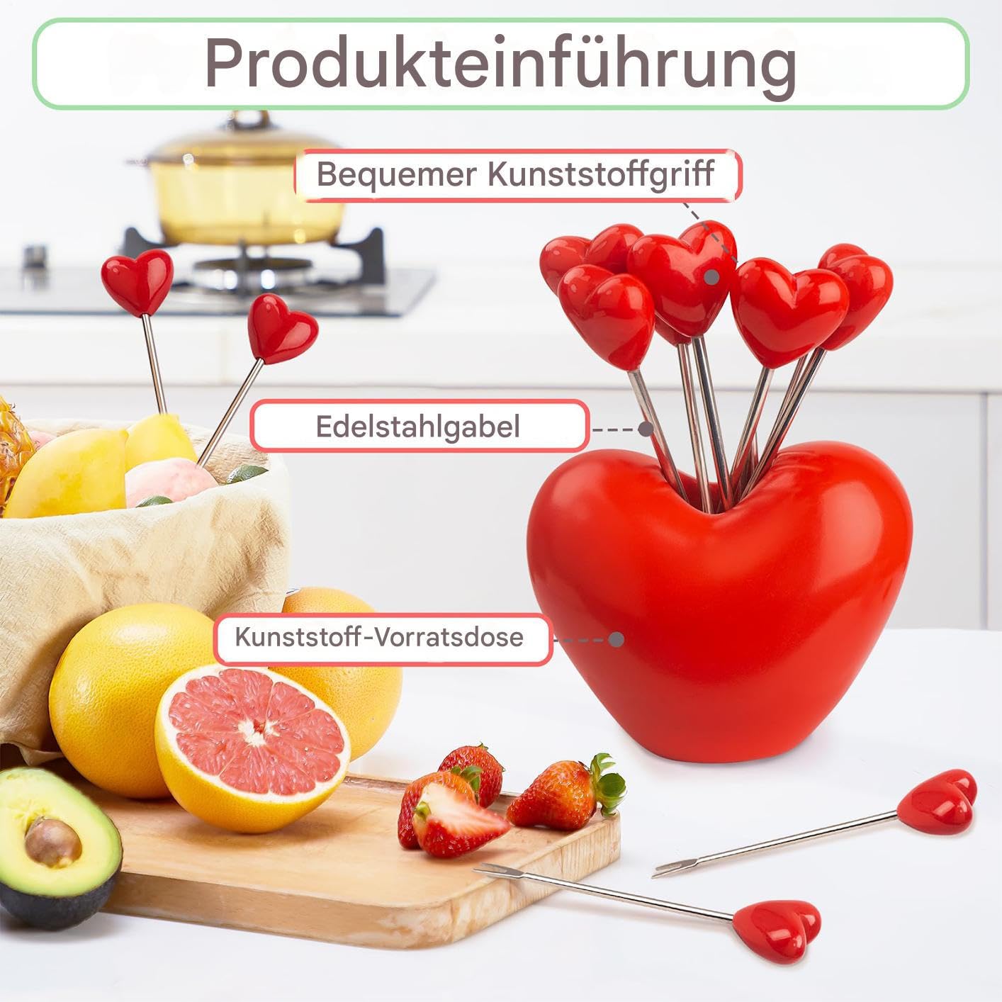 Food Picks for Children, Children's Food Picks, Decorative Cocktail Picks with Holder, Set of 10, Heart Shape Design, Reusable Metal Sticks for Fruit, Dessert, Cocktail, Appetizers - Portable Clean