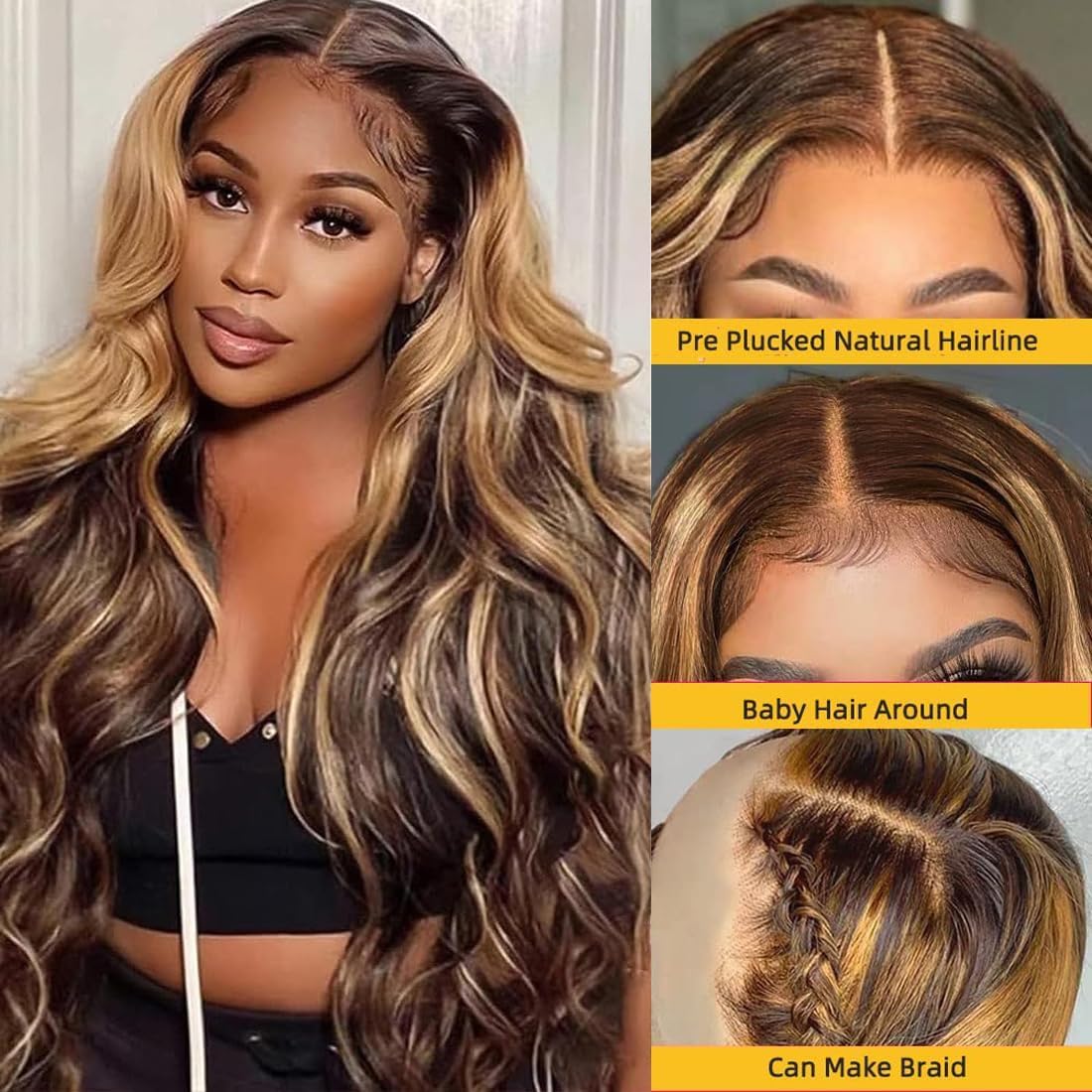 IUPin Highlight Ombre 13x4 Lace Front Wig Human Hair Body Wave Honey Blonde Glueless HD Transparent Lace Frontal Wigs for Women 200 Density Human Hair Pre Plucked with Baby Hair 32 Inch