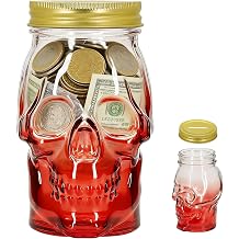 1Pack 16 OZ Skull Glass Coin Bank with Metal Lid, Clear Glass Skull Money Jar with Coin Slot, Decorative Savings Jar, Halloween & Home Decor Red
