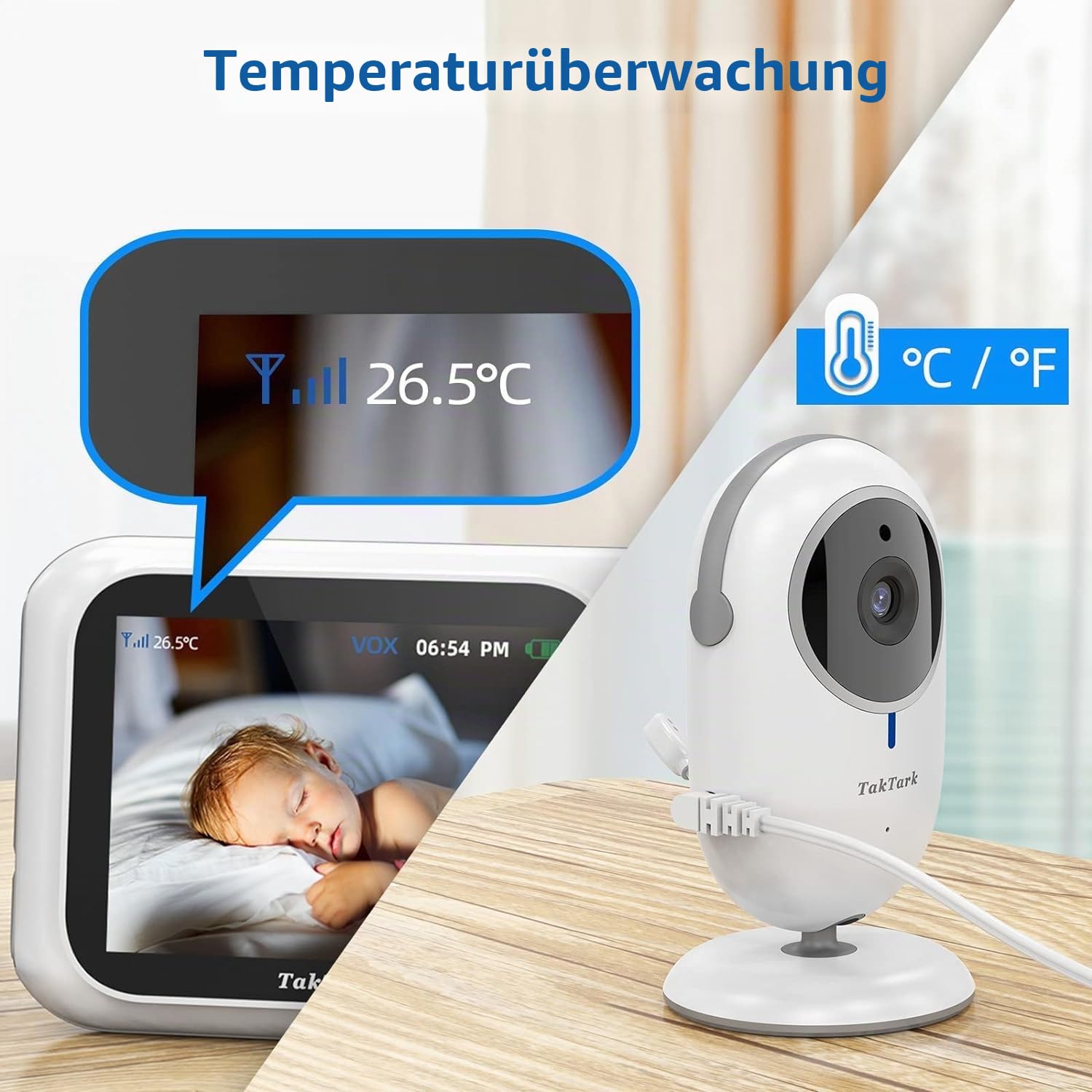 TakTark Babyphone mit Kamera, Babyfon mit 3.2'' Video Baby Monitor, Kamera und Audio Babyphone mit Zoom, VOX Funktion, Gegensprechfunktion, Nachtsicht, Temperaturüberwachung