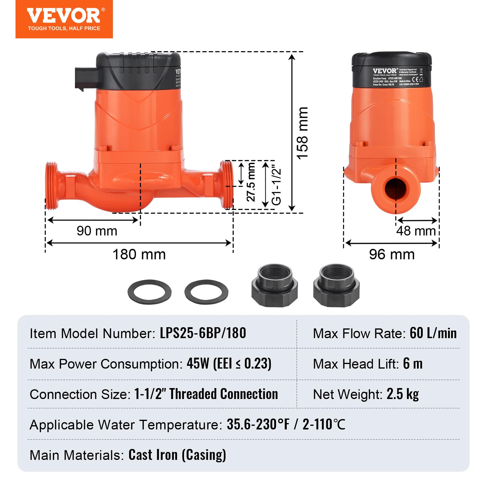 VEVOR Pompa di Circolazione per Acqua Calda, LPS25-6BP-180, Pompa di Riscaldamento, 60 L/min Pompa dell'acqua automatica ECM, 220 V 45 W Altezza di Scarico 6 m per Impianto di Riscaldamento dell'Acqua