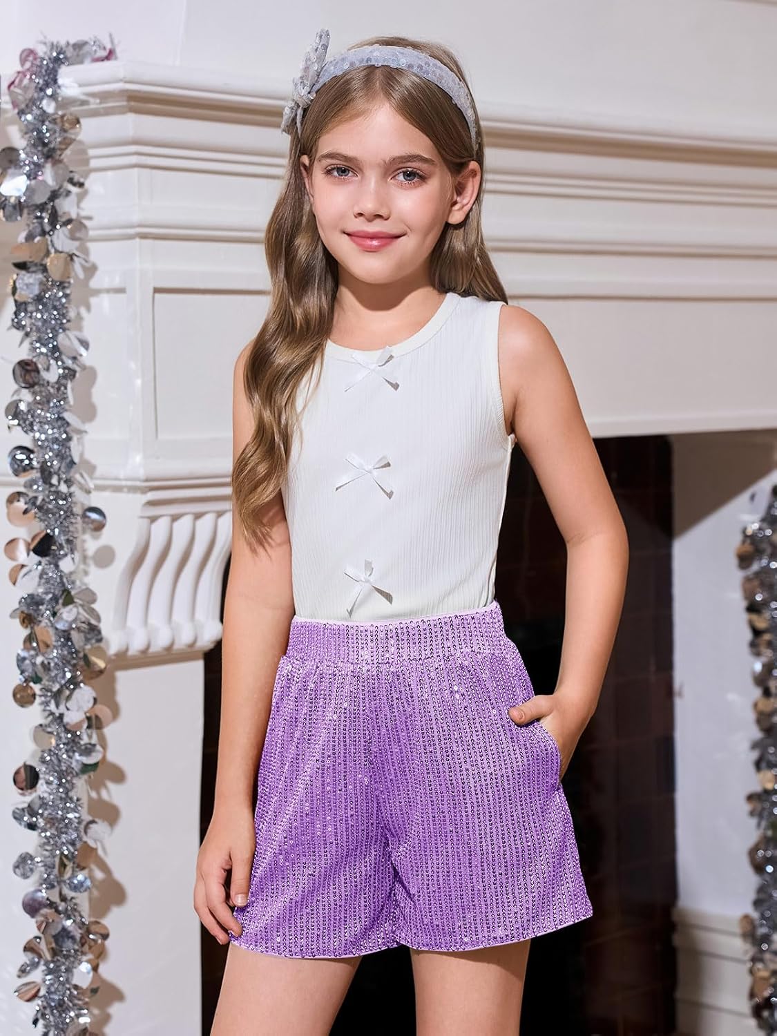 Haloumoning Girls Sequin Shorts Sparkly High Waisted Wide Leg Flowy Party Shorts 5-14 Years - Image 3
