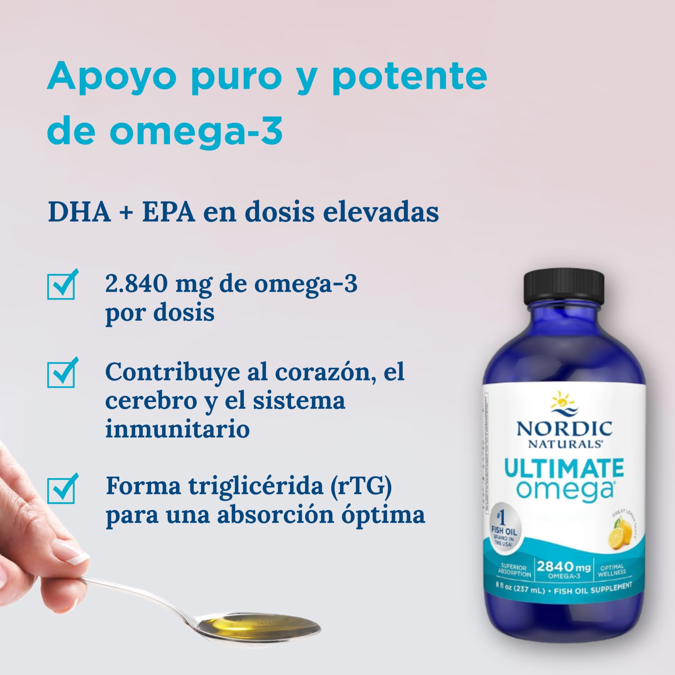 Nordic Naturals, Ultimate Omega, 2840mg Omega-3, Aceite de Pescado con EPA y DHA, Sabor Limón, 237ml, Testado en Laboratorio, Sin Soja, Sin Gluten, No-GMO