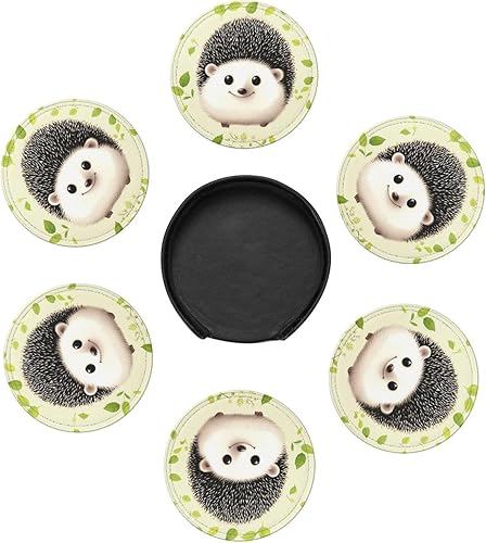 Miniatura 7 de 6 posavasos redondos de piel con estampado de erizo, impermeables, con soporte para sala de estar, cocina, bar, 3.9 pulgadas