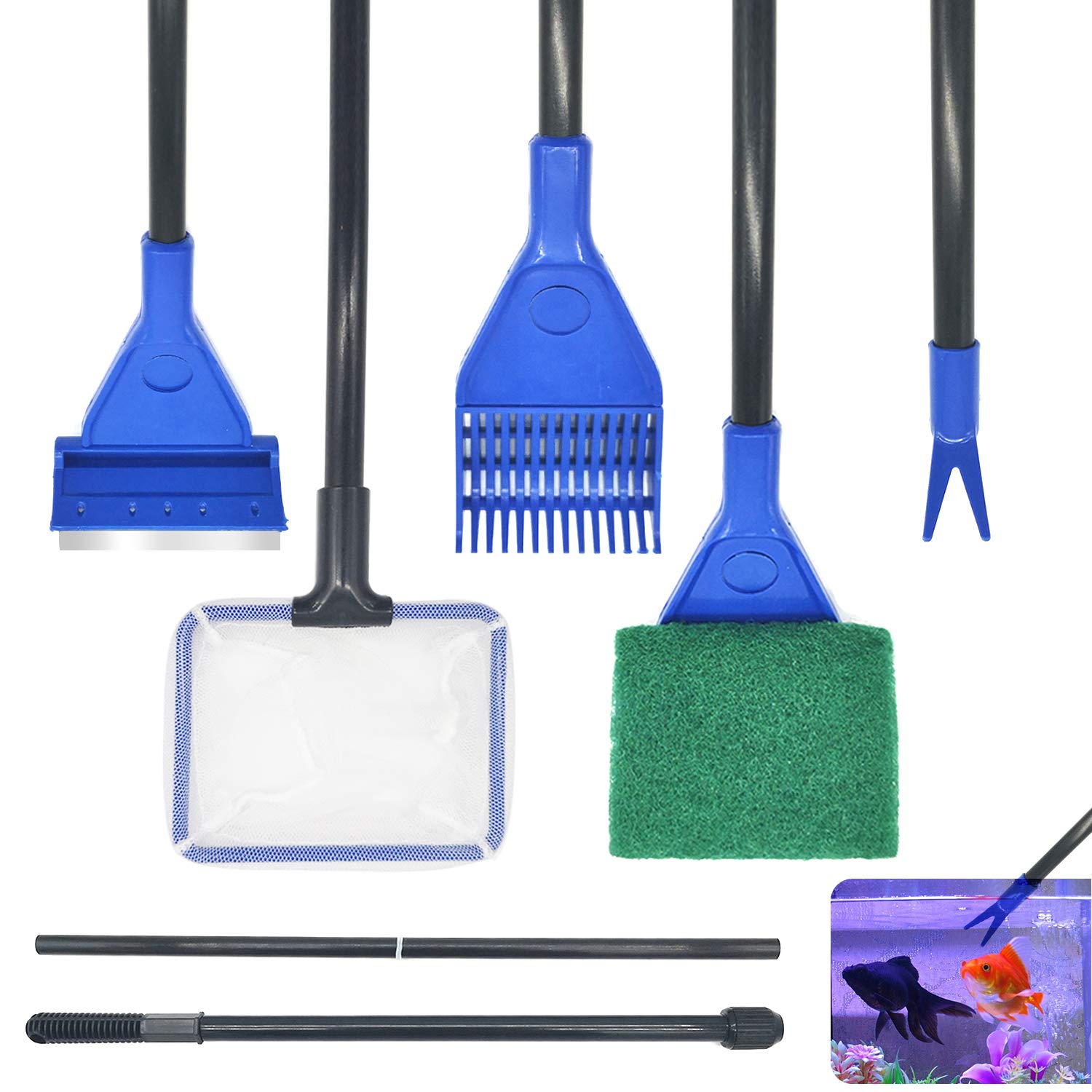 Cisolen Limpieza Acuario Kit de Limpieza de Acuarios 5 en 1 Herramienta Juego de Limpieza de Tanque de Peces de Acuario Multifunción con Red de Limpieza y Raspador de Algas