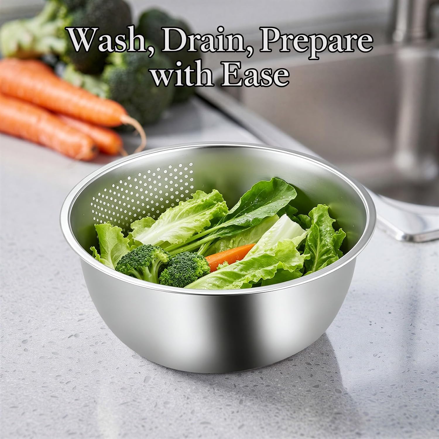 2 Pcs Strainer Bowl Set, 8.3 x 6.3 in Stainless Steel Rice Washer, Thickened Kitchen Colander with Sloped Bottom, Perforated Drainer for Washing Fruit Vegetable & Grains