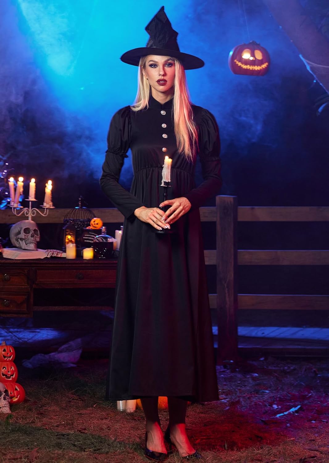 Clarisbelle Women Halloween Gothic Cosplay Wizad Elpheba Cool Adult Costume Maxi Wicked Witch Evil Sorceress Outfit Black M - Image 4