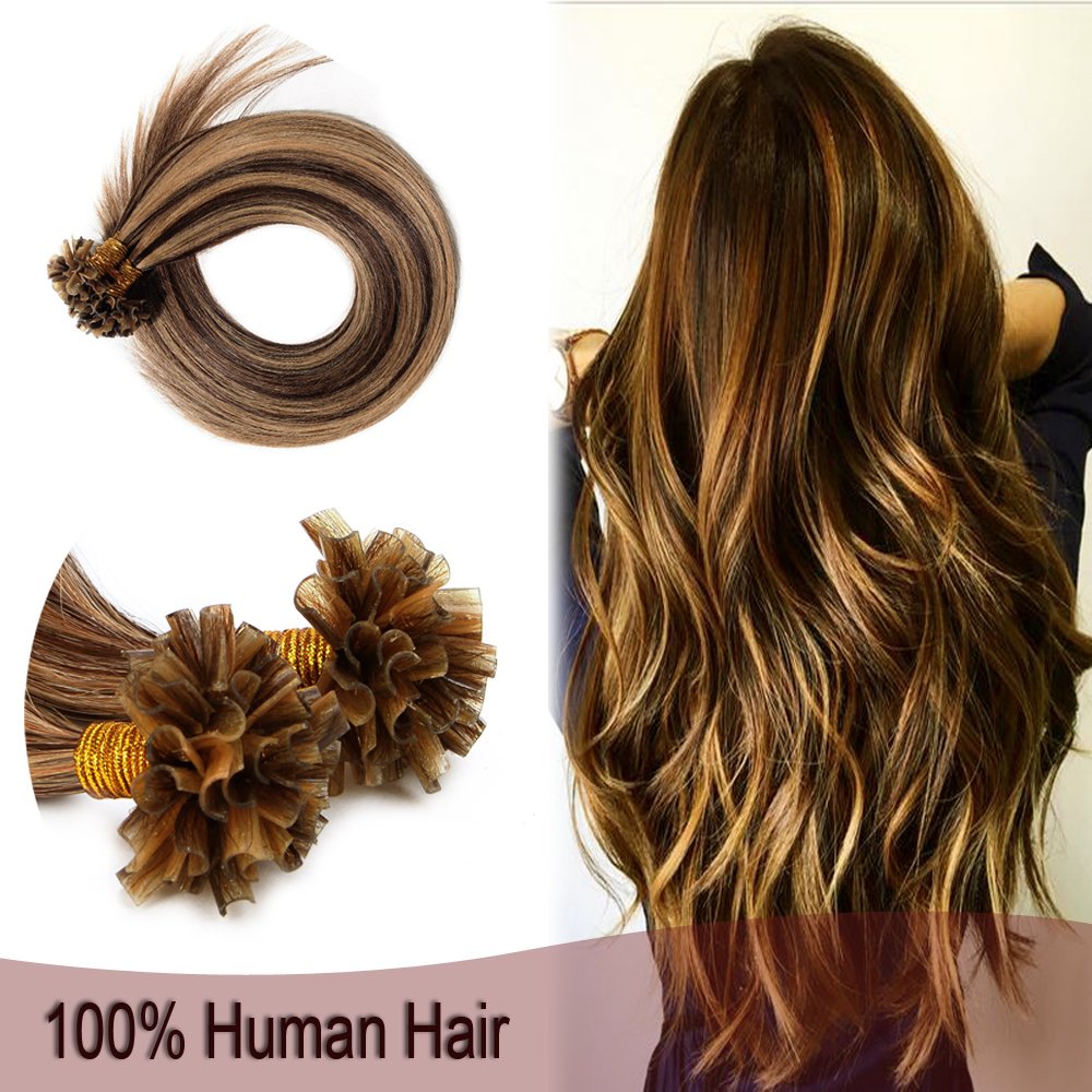 Pre Bonded U Tip Cold Fusion Hair Extension Human Hair Flat Tip Keratin Stick Straight Nail Tipped Pre-bonded Hair Extensions For Women 100 Strands 50g 18" #4P27 Medium Brown Mix Dark Blonde