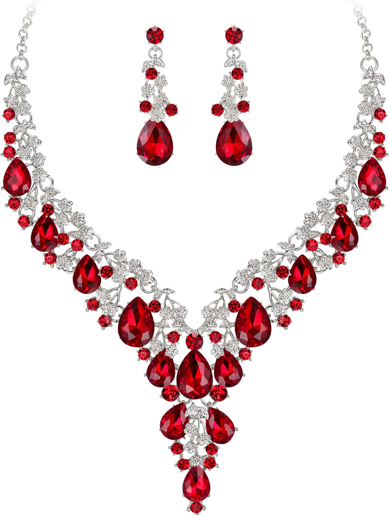 Women's Wedding Bridal Austrian Crystal Teardrop Flower Cluster Statement Necklace Dangle Earrings Jewelry Set for Party Prom