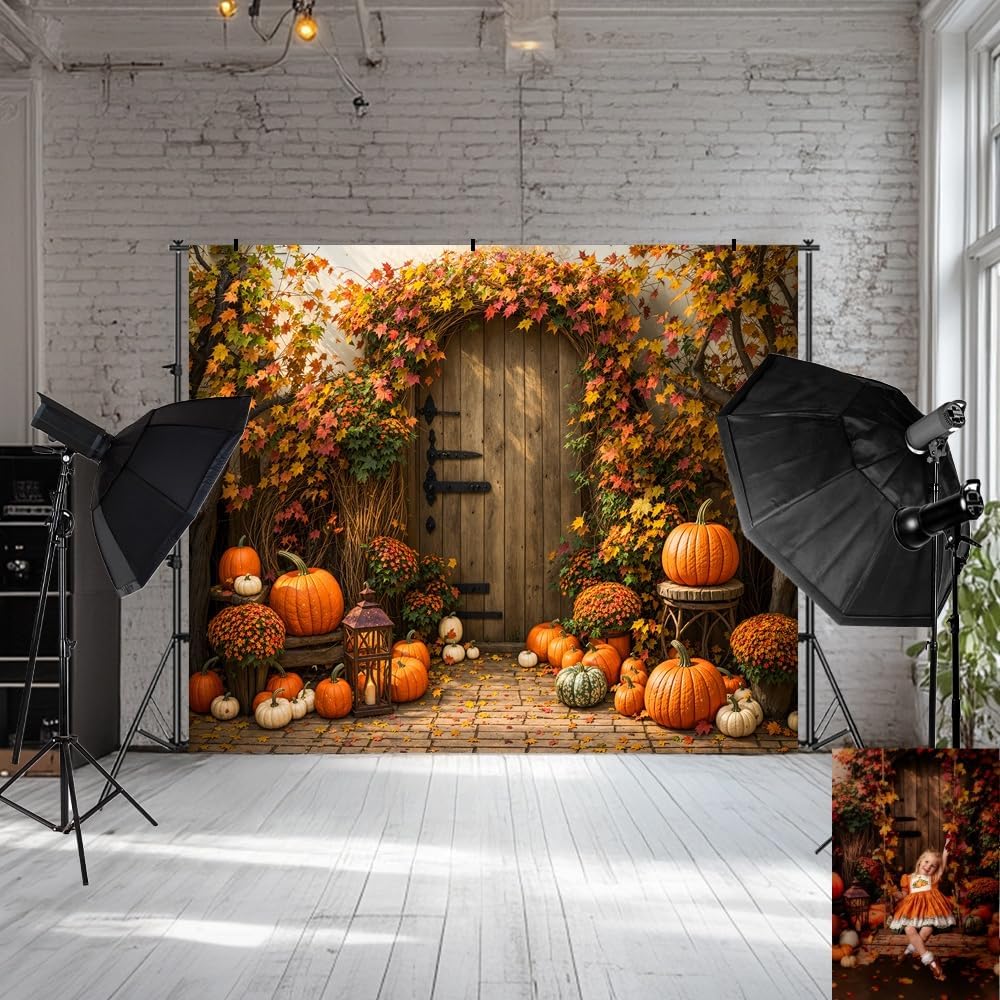 Kate Fall Pumpkin Maple Leaves Brown Wooden Arch Door Backdrop Photo Background Studio Props,10x8ft