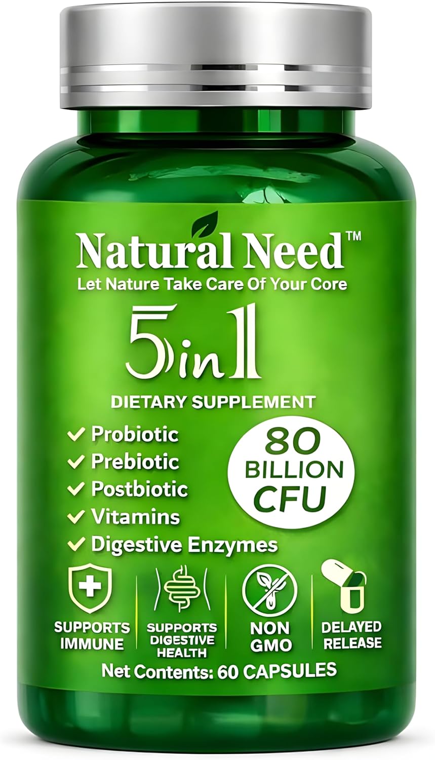 NATURAL NEED™ Gut Health – 5-in-1 Formula with Probiotics, Prebiotics, Postbiotics, Enzymes & Vitamins (C,D3,B12,Zinc) – Delayed Release Capsule – Supports Overall Digestion, Immunity & Gut – 60 Vegan
