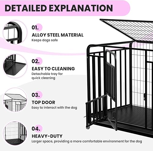 Miniatura 2 de Escape-Proof Dog Crate 42 Inch - Industrial Steel Frame Dog Kennel with 3 Doors & 4 Lockable Wheels, Durable Easy-Clean Dog Crate for Large Dogs in
