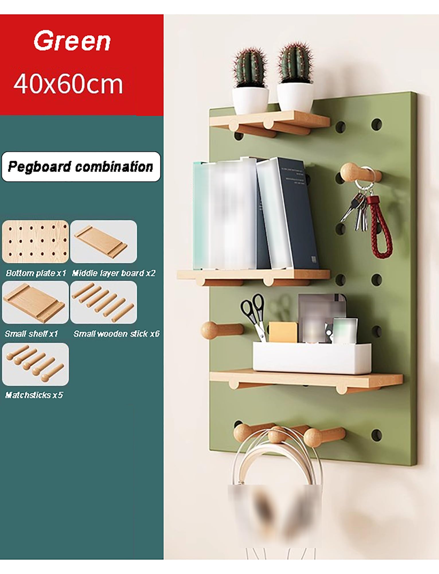 Pannello Forato espandibile in Legno | Kit di Pannelli portaoggetti Personalizzabili con Ganci e Accessori per Ufficio, Garage, Officina | Verde 40x60 cm (15,7x23,6 Pollici)