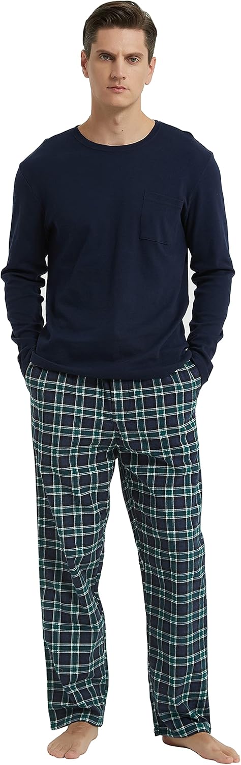GLOBAL Men’s Flannel Pajama Set 100% Cotton Pijamas Elastic and Drawstring Bottoms and Crew Neck Tops Light Blue Plaids