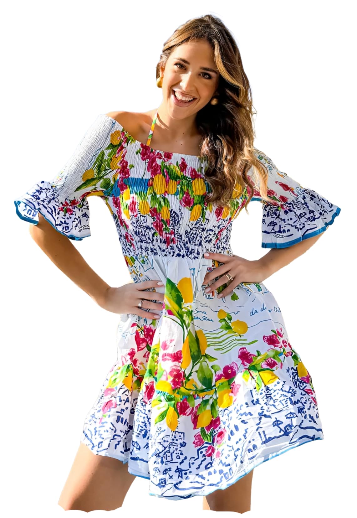 Antica Sartoria - Abito corto da donna, scollo a bardot con spalle scoperte e maniche a volant, stile boho chic, in cotone, estivo