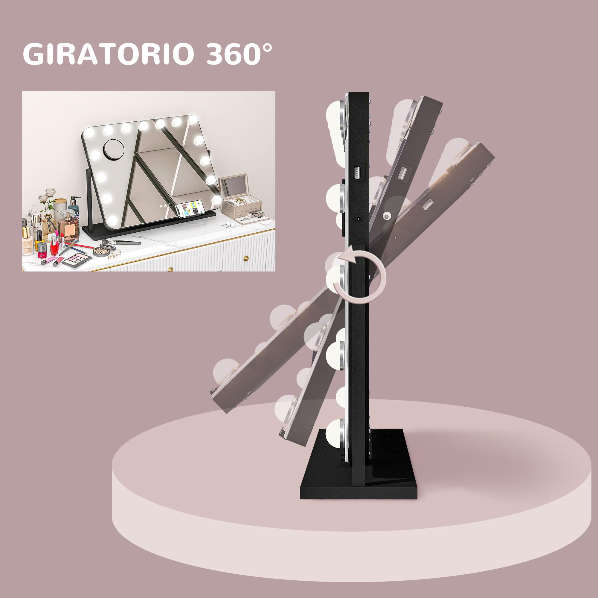 HOMCOM Hollywood Espejo de Maquillaje con Luz Espejo de Tocador Giratorio 58x46 cm con Bombillas LED Modos de Iluminación Ajustables Interruptor Táctil Soporte para Teléfono y Puerto USB Negro