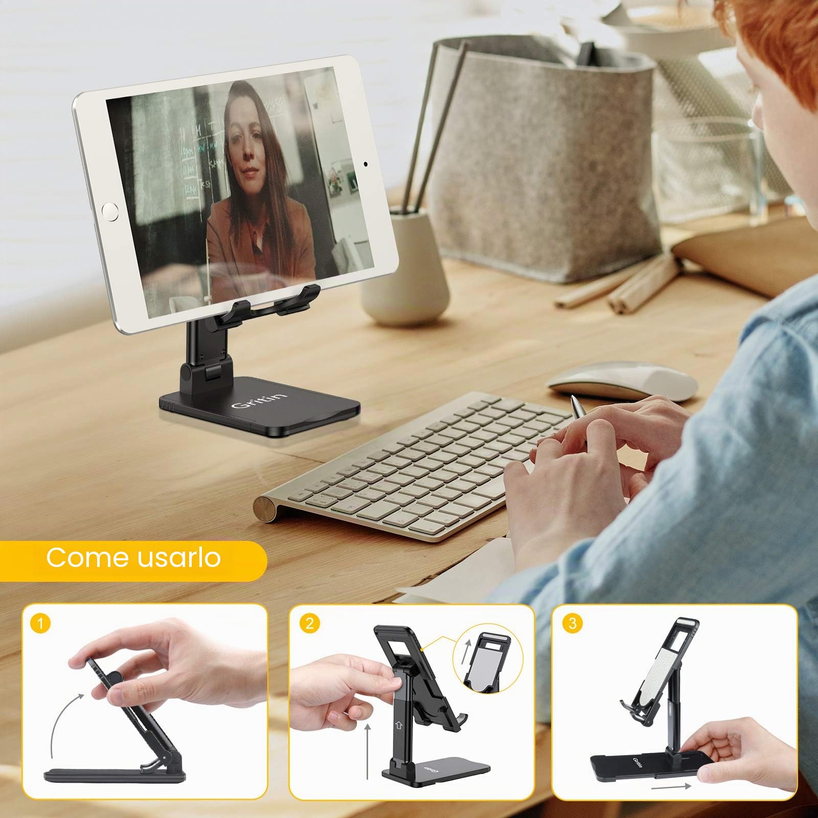 Gritin Supporto Tablet Regolabile Antiscivolo Pieghevole Compatibile iPad 12.9 11 10.5 9.7 Air Mini 2 3 4 Tutti i Tablet 4-12.9"