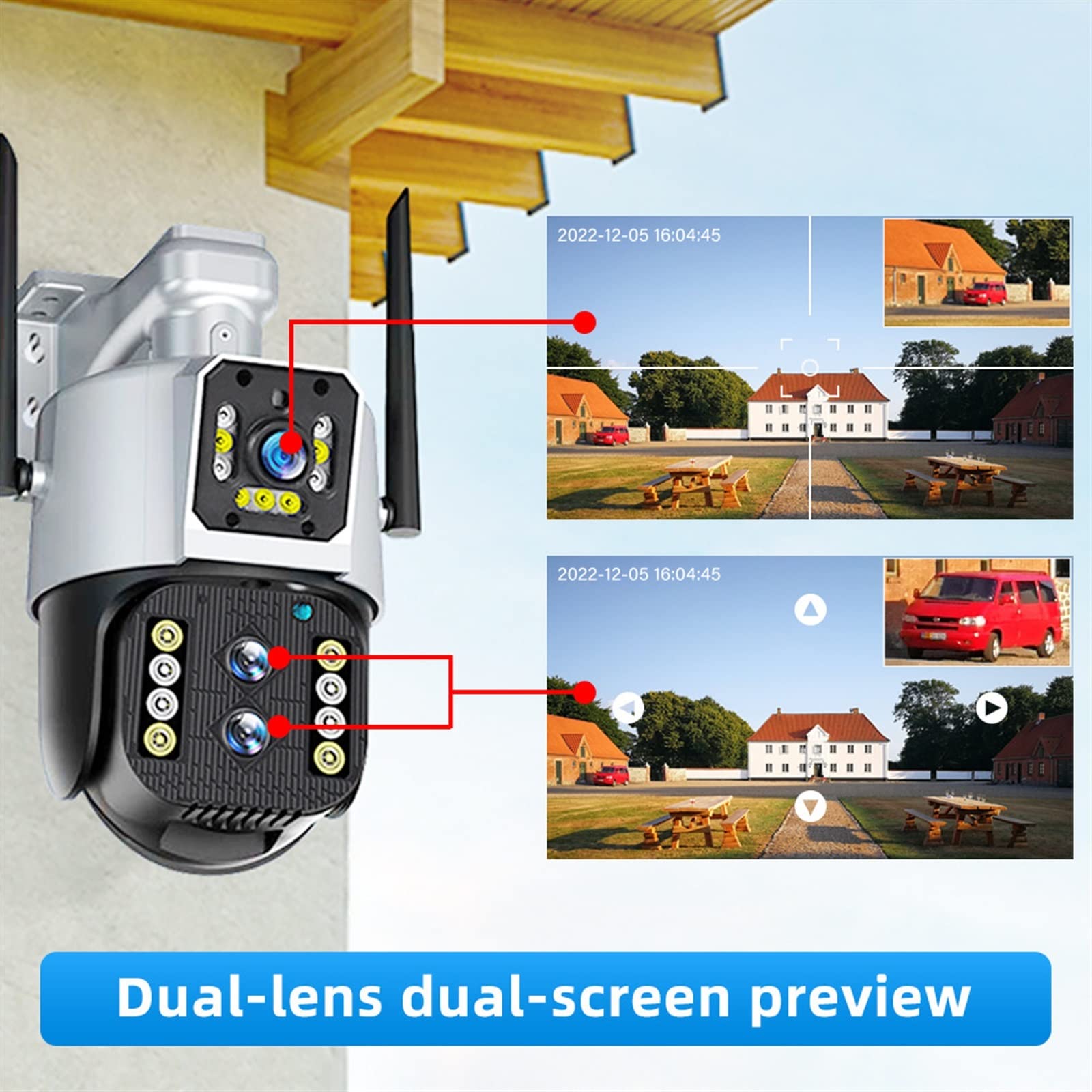 Telecamera 2k 4MP esterna PTZ Tre lenti Doppio schermo Zoom 10X Tracciamento automatico Protezione di sicurezza CCTV Videosorveglianza Cam P2P Installazione semplice(4G With 128GB)