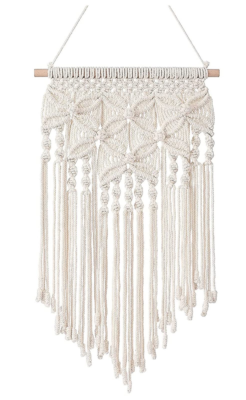 HOJKMA Macrame Woven Wall Hanging Boho Home Chic Bohemian Art Decor Cotton Tassel Macrame Curtain Beige Chic Bohemian Wall Art for Bedroom Apartment Dorm Room Decoration