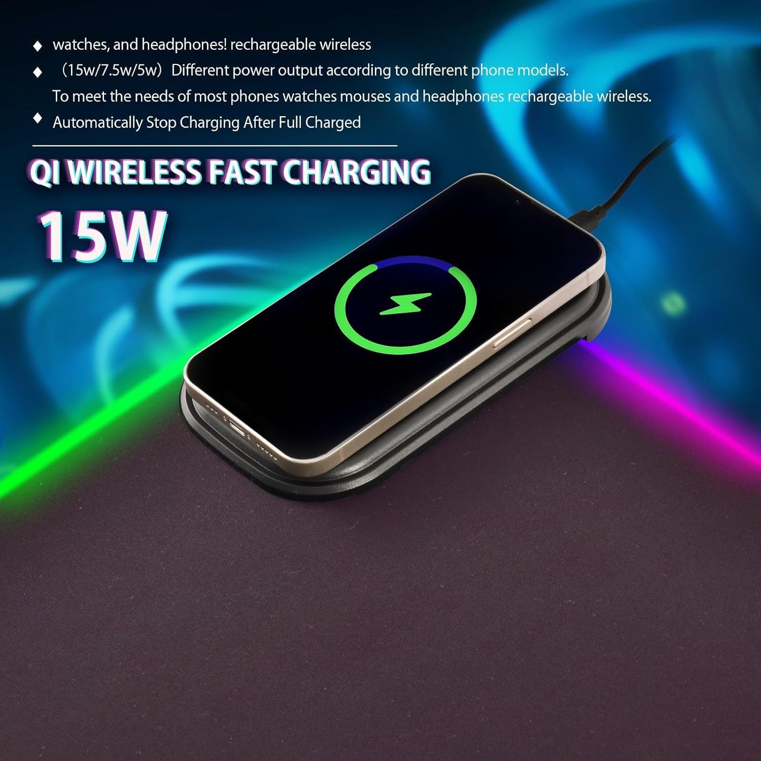AIXIWAWA (Neon Car Wireless Charging Mouse Pad 15w RGB Glowing Mouse Soft Mat Large Oversized Gaming Keyboard Pad for Desk