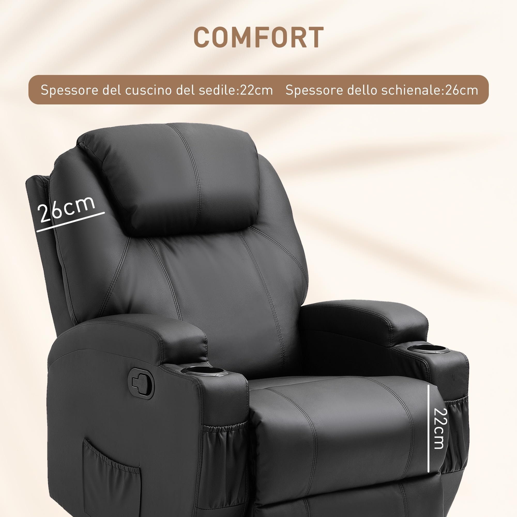 HOMCOM Poltrona Massaggiante Reclinabile Manuale, Poltrona Relax Elettrica Girevole con 2 Portabicchieri, Telecomando, Poggiapiedi e 4 Tasche Laterali, in Pelle PU, Legno e Acciaio, Nero