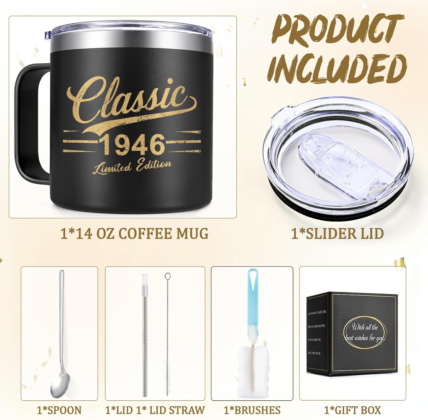 Qtencas 80th Birthday Gifts for Men, Classic 1946 Insulated Coffee Mug with Lid & Straw, Mens Birthday Gift Ideas for Dad, Brother, Grandpa, Uncle, Husband (14oz, Black)